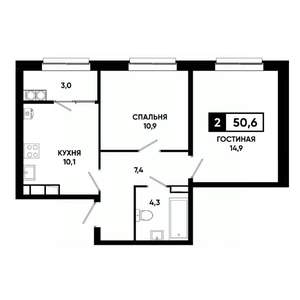 2-к квартира, строящийся дом, 51м2, 17/19 этаж