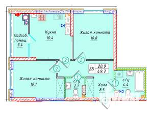 2-к квартира, вторичка, 50м2, 21/22 этаж
