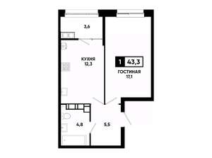 1-к квартира, вторичка, 43м2, 13/24 этаж