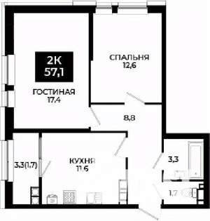2-к квартира, вторичка, 57м2, 15/24 этаж