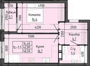 1-к квартира, строящийся дом, 46м2, 14/25 этаж