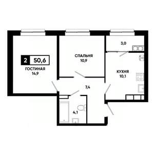 2-к квартира, строящийся дом, 51м2, 15/19 этаж