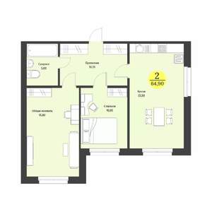 2-к квартира, строящийся дом, 65м2, 1/12 этаж