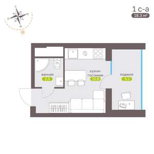 Студия квартира, вторичка, 19м2, 1/19 этаж