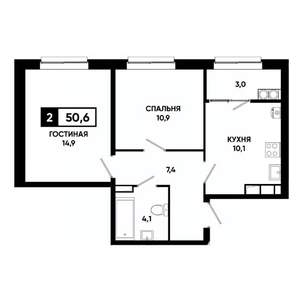 2-к квартира, строящийся дом, 51м2, 16/19 этаж