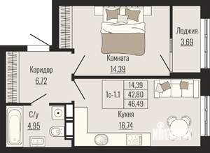 1-к квартира, вторичка, 46м2, 9/25 этаж