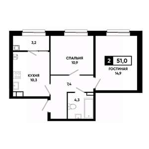 2-к квартира, вторичка, 51м2, 3/19 этаж