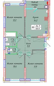 3-к квартира, вторичка, 67м2, 6/21 этаж