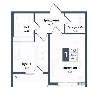 1-к квартира, вторичка, 39м2, 9/22 этаж
