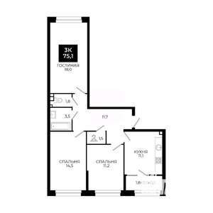 3-к квартира, вторичка, 75м2, 3/24 этаж