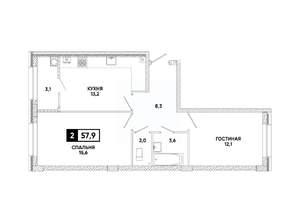 2-к квартира, вторичка, 58м2, 2/12 этаж