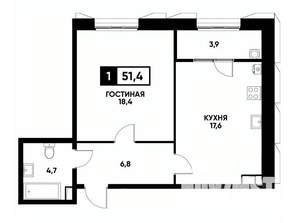 1-к квартира, вторичка, 51м2, 10/18 этаж