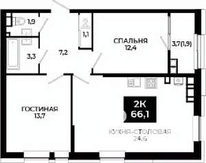 1-к квартира, вторичка, 66м2, 24/24 этаж