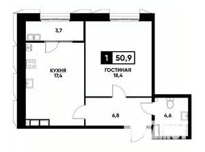1-к квартира, вторичка, 51м2, 14/18 этаж