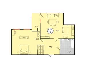 1-к квартира, строящийся дом, 54м2, 1/4 этаж