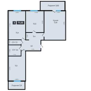 3-к квартира, вторичка, 72м2, 2/16 этаж