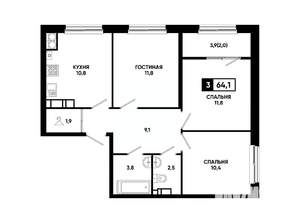 3-к квартира, вторичка, 64м2, 15/24 этаж