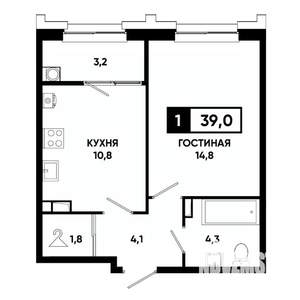 1-к квартира, вторичка, 39м2, 6/21 этаж
