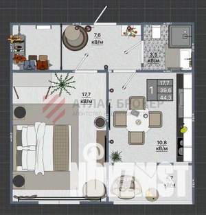 1-к квартира, сданный дом, 44м2, 6/9 этаж