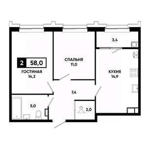 2-к квартира, вторичка, 58м2, 7/21 этаж