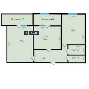 2-к квартира, строящийся дом, 60м2, 16/16 этаж