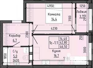 1-к квартира, строящийся дом, 46м2, 19/25 этаж