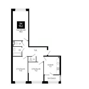 3-к квартира, вторичка, 75м2, 17/24 этаж