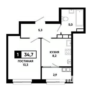 1-к квартира, строящийся дом, 35м2, 14/19 этаж