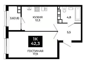 1-к квартира, вторичка, 42м2, 17/24 этаж