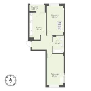 2-к квартира, строящийся дом, 64м2, 11/18 этаж