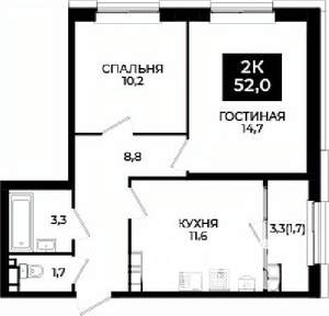 2-к квартира, вторичка, 52м2, 13/24 этаж