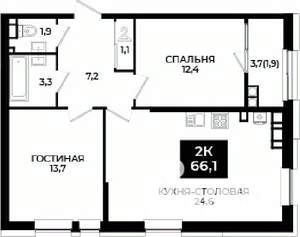 1-к квартира, вторичка, 66м2, 24/24 этаж