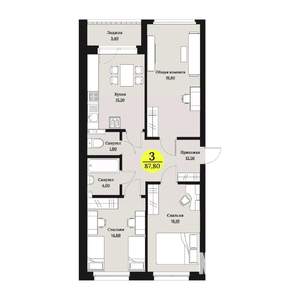3-к квартира, строящийся дом, 88м2, 6/12 этаж