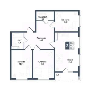 3-к квартира, вторичка, 89м2, 7/20 этаж