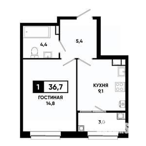 1-к квартира, строящийся дом, 37м2, 7/19 этаж