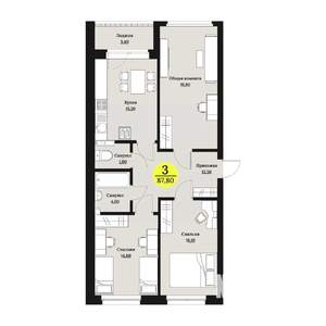 3-к квартира, строящийся дом, 88м2, 11/12 этаж