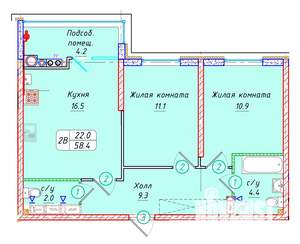 2-к квартира, вторичка, 58м2, 22/22 этаж